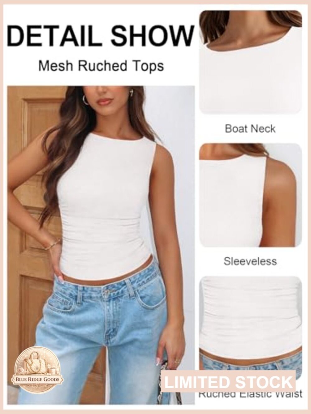Women's Boat Neck Mesh Tank Top Ruched Double Lined Sleeveless Crop Top Y2k - Picture 4 of 6